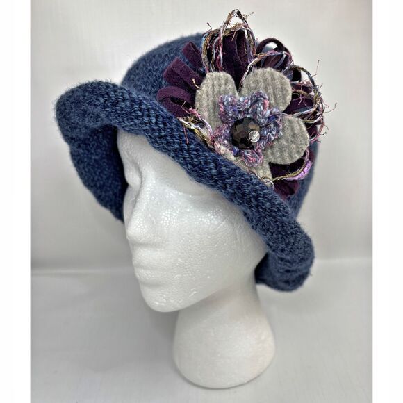 Womens Knit Winter Cloche Hat Embellished Rolled Brim Boho Floral Handmade Black Knit Winter Cloche Hat Embellished Rolled Brim Boho  main image 3